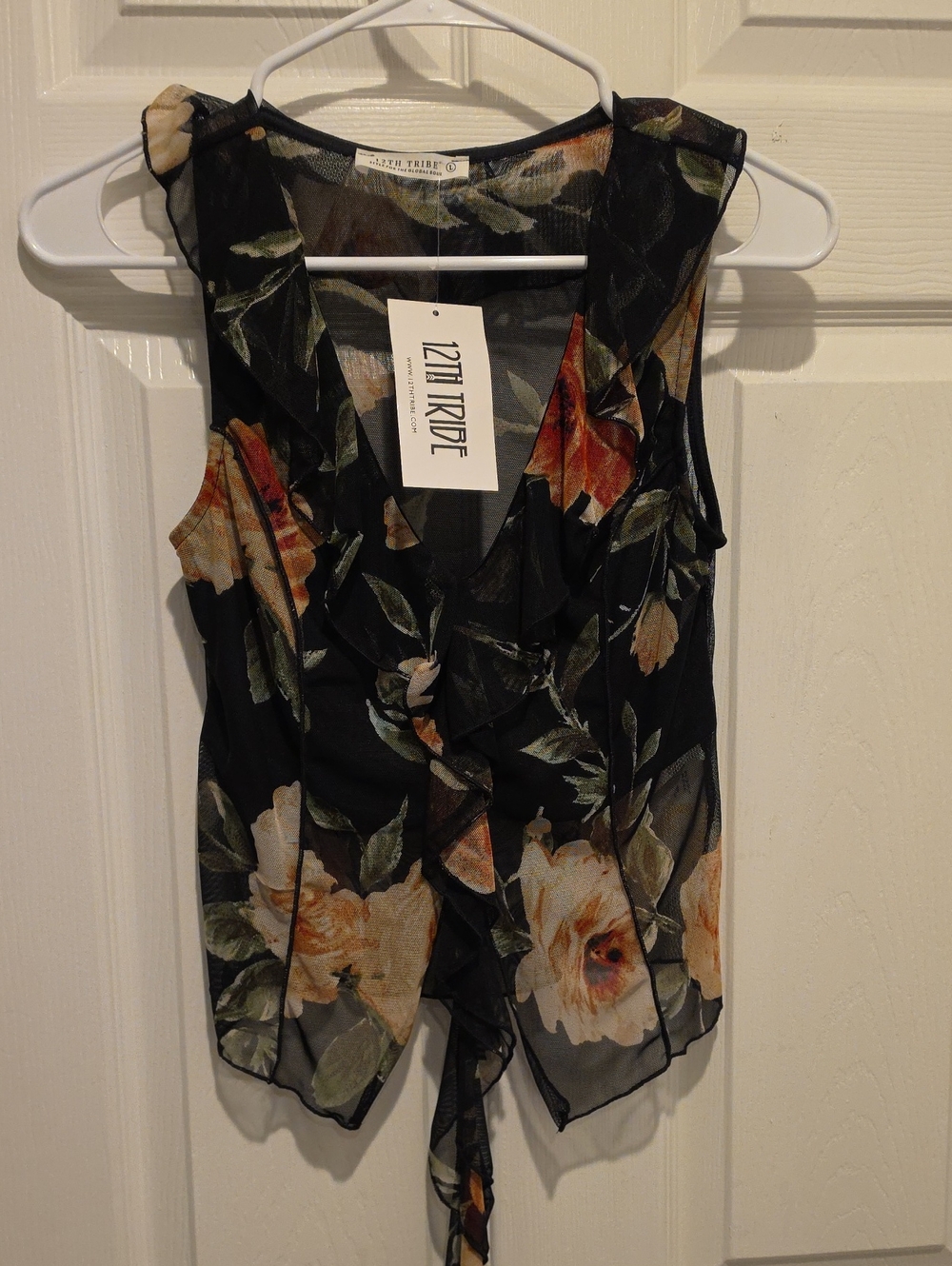 12th Tribe Black Floral Ruffle Tie-Front Sleeveless Blouse